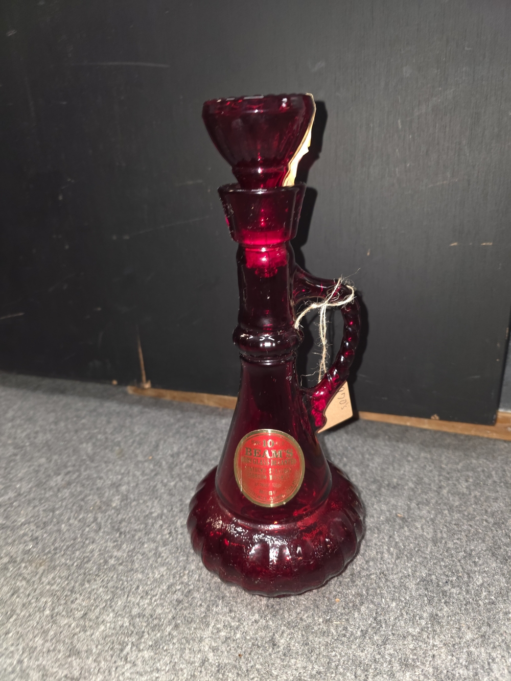 Vintage Jim Beam Ruby Red Glass Decanter Bottle w/ Stopper, Distillery Theme